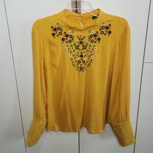 Clandestino Blouse Womens Size L Yellow/Mustard Long Sleeve Embroidered Floral